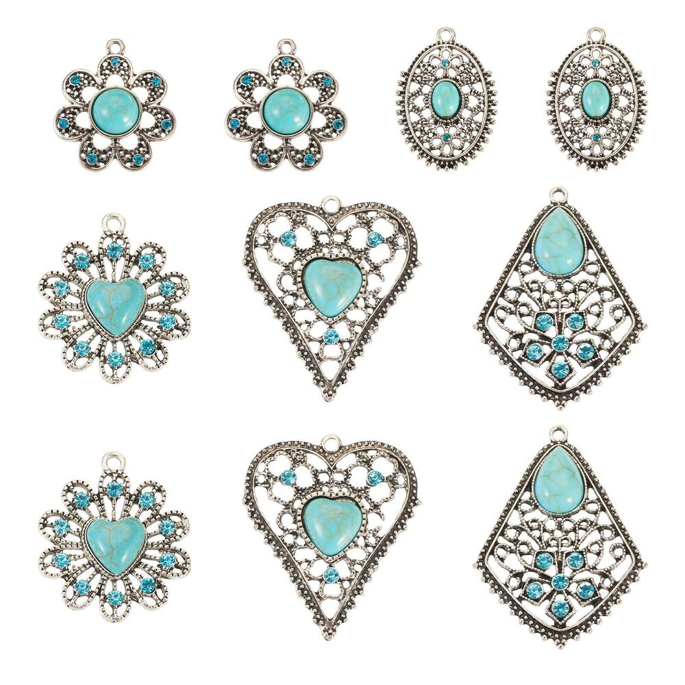 9441 Pandahall 10Pcs Tibetan Turquoise Stone Charms Synthetic Turquoise